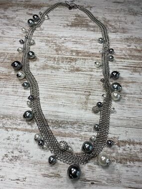 WHBM Long Silver Tone Faux Pearl Multi-Chain Statement Necklace